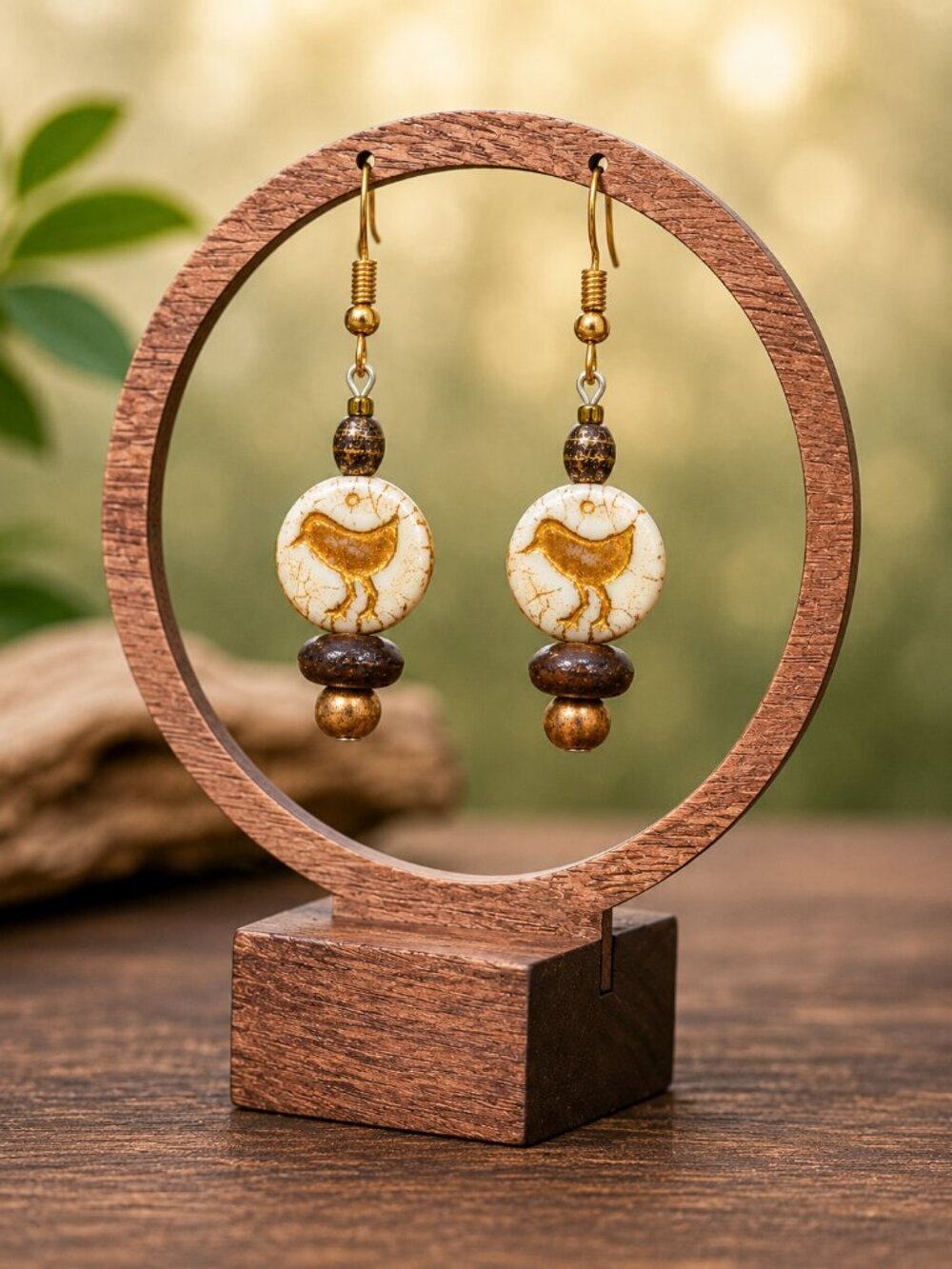 Czech Glass Bird Drop Earrings Cream Gold | Handmade - Picture 4 of 5